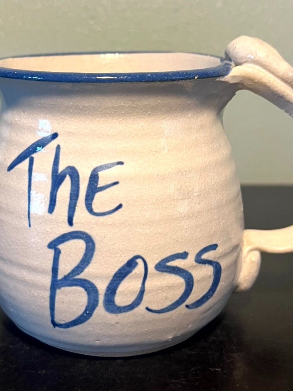 Vintage Studio Pottery The Boss Mug Hand Thrown Stoneware Signed Blue Beige 20oz